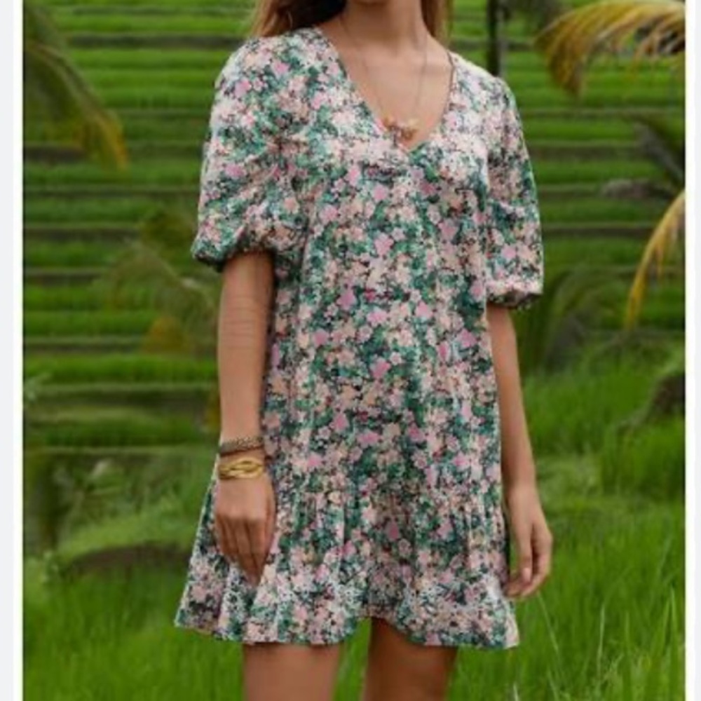 Johnny Was | Jade Womens Ditzy Floral Rebekah Poplin Mini Dress Small Green Pink